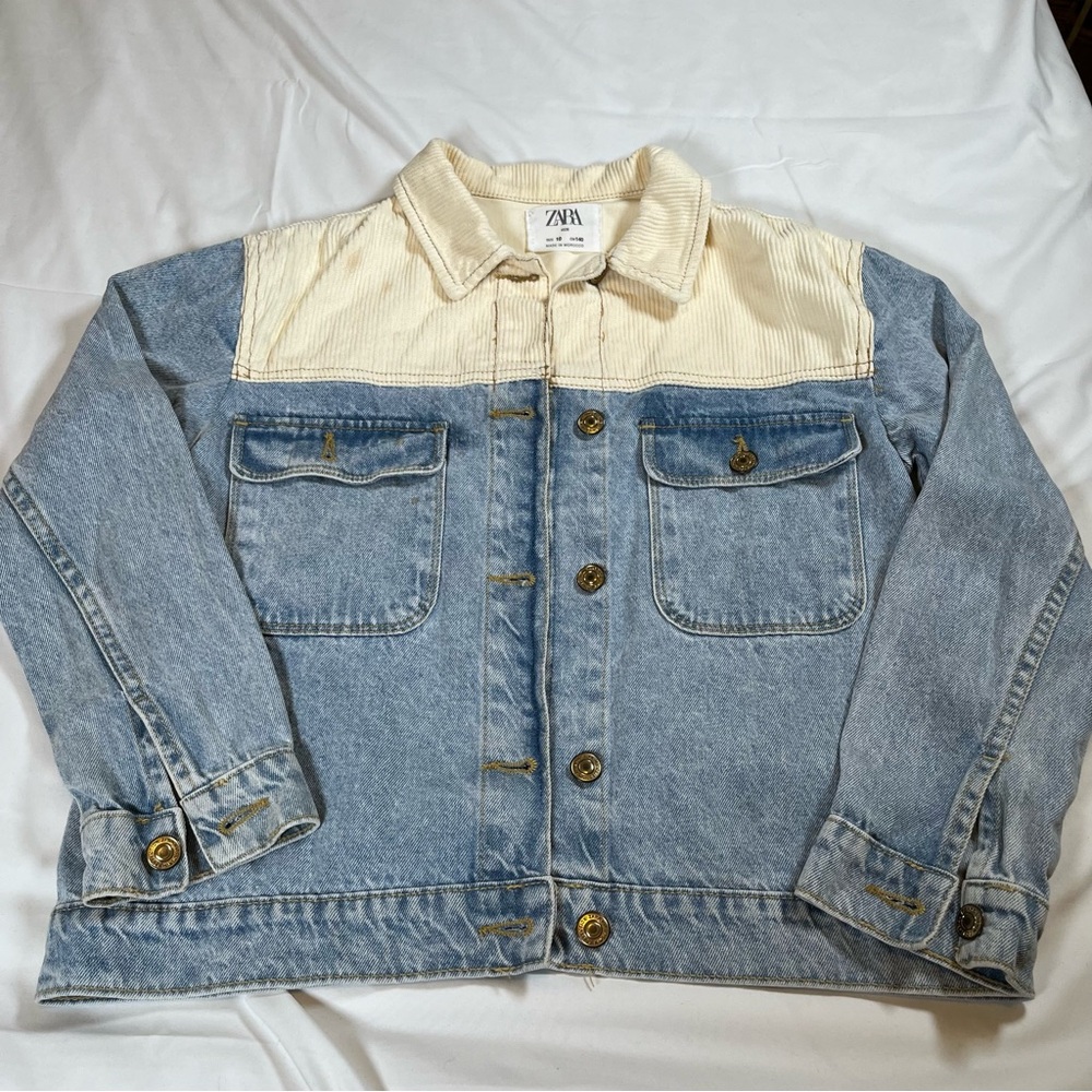 Zara Girls Denim Jacket Size 10y Blue‎ White Colorblock corduroy collar